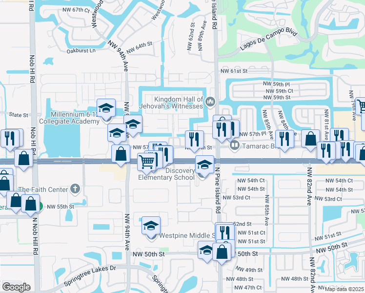 map of restaurants, bars, coffee shops, grocery stores, and more near 9004-9098 Northwest 57th Street in Tamarac