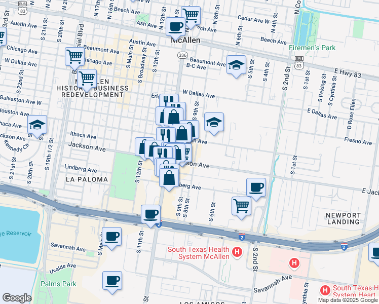 map of restaurants, bars, coffee shops, grocery stores, and more near 700 Jackson Avenue West in McAllen