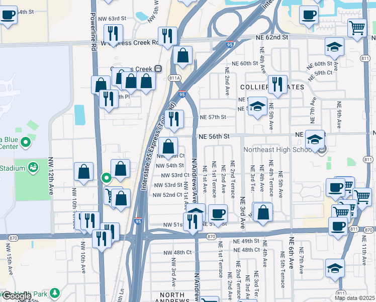map of restaurants, bars, coffee shops, grocery stores, and more near 5464 Northwest 1st Avenue in Fort Lauderdale