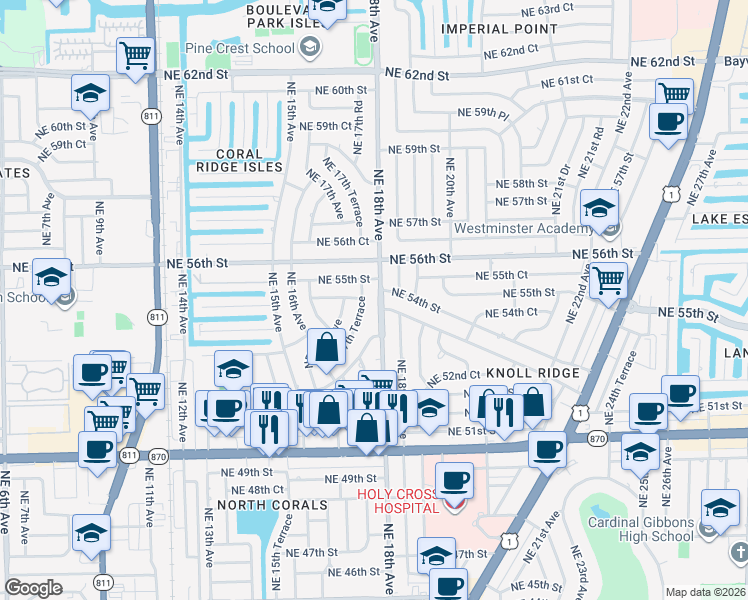 map of restaurants, bars, coffee shops, grocery stores, and more near 1800 Northeast 53rd Street in Fort Lauderdale