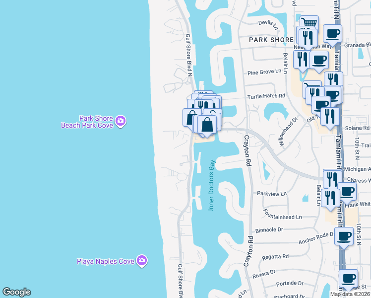 map of restaurants, bars, coffee shops, grocery stores, and more near 4031 Gulf Shore Boulevard North in Naples