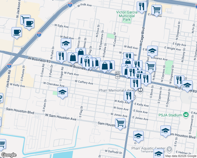 map of restaurants, bars, coffee shops, grocery stores, and more near 120 South Dahlia Street in Pharr