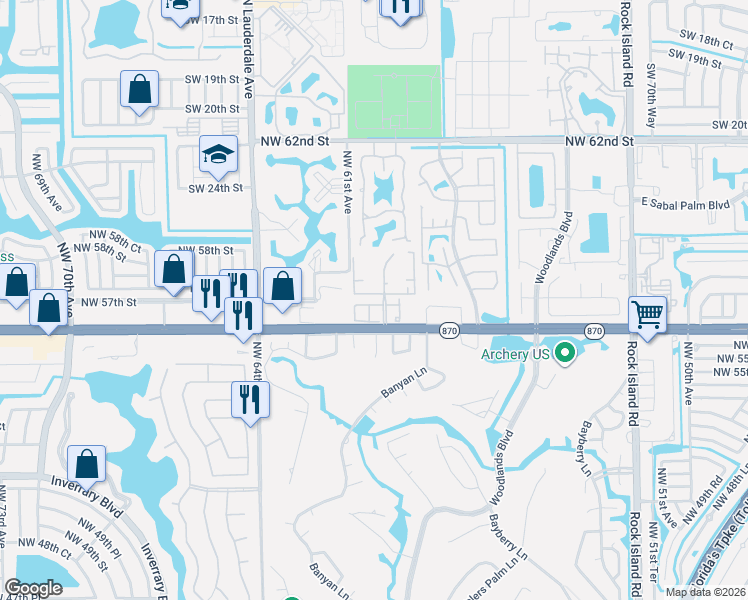 map of restaurants, bars, coffee shops, grocery stores, and more near 5898 Northwest 56th Place in Tamarac