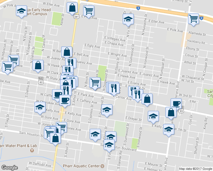 map of restaurants, bars, coffee shops, grocery stores, and more near 110 North Dogwood Street in Pharr