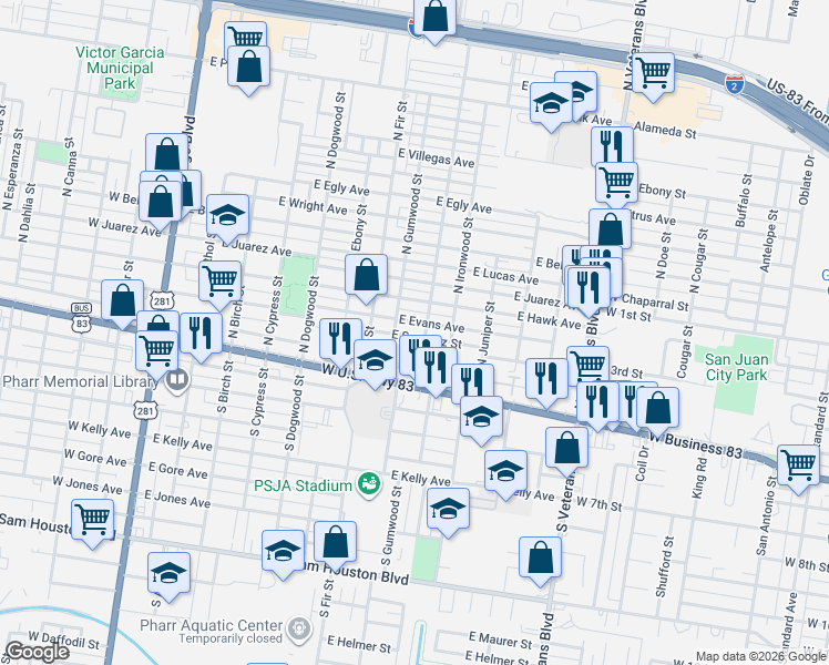map of restaurants, bars, coffee shops, grocery stores, and more near 903 East Sanchez Street in Pharr