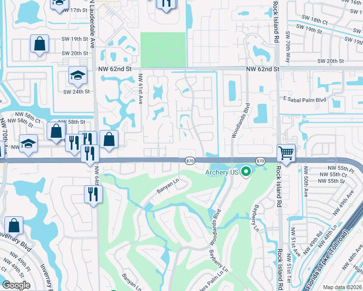 map of restaurants, bars, coffee shops, grocery stores, and more near 5621 Northwest 58th Way in Tamarac