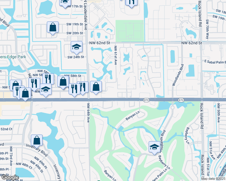 map of restaurants, bars, coffee shops, grocery stores, and more near 6085 West Commercial Boulevard in Tamarac