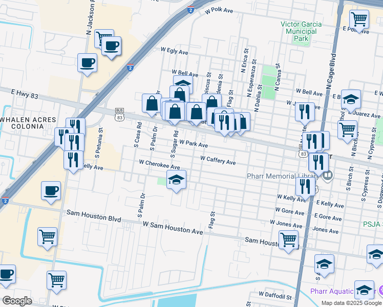 map of restaurants, bars, coffee shops, grocery stores, and more near 805 West Caffery Avenue in Pharr
