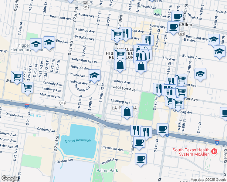 map of restaurants, bars, coffee shops, grocery stores, and more near 1700 Kennedy Avenue in McAllen