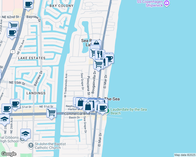 map of restaurants, bars, coffee shops, grocery stores, and more near 4605 North Ocean Drive in Lauderdale-by-the-Sea
