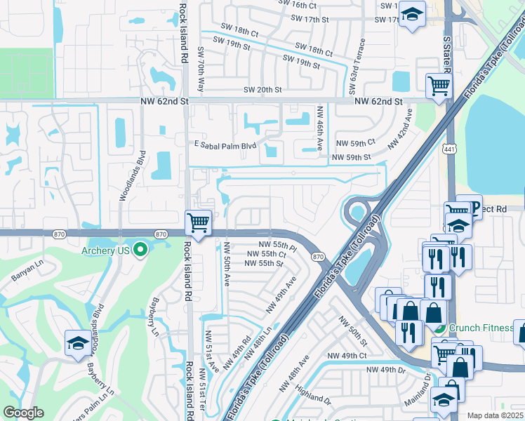 map of restaurants, bars, coffee shops, grocery stores, and more near 5607 Northwest 49th Terrace in Tamarac