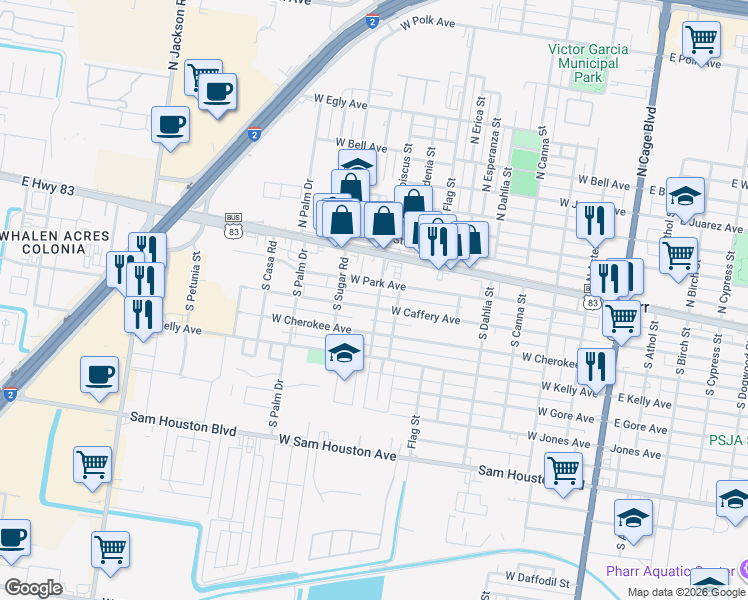 map of restaurants, bars, coffee shops, grocery stores, and more near 805 West Caffery Avenue in Pharr