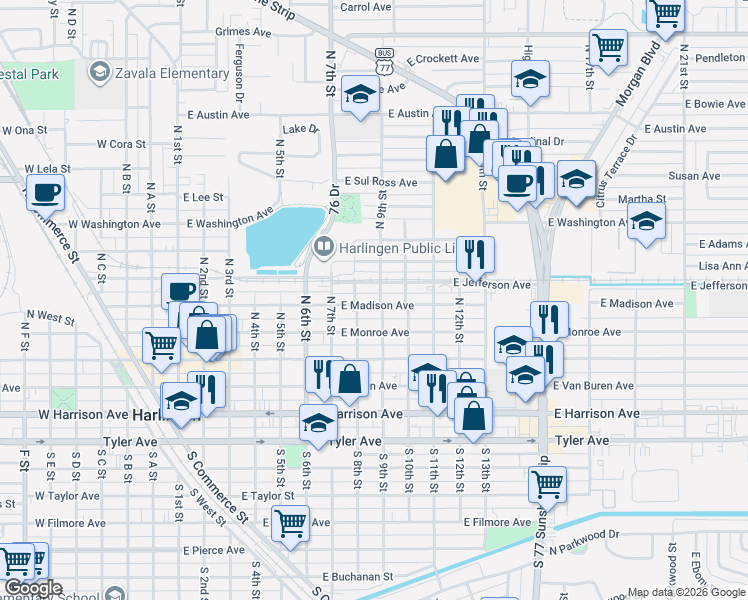 map of restaurants, bars, coffee shops, grocery stores, and more near 806 East Madison Avenue in Harlingen