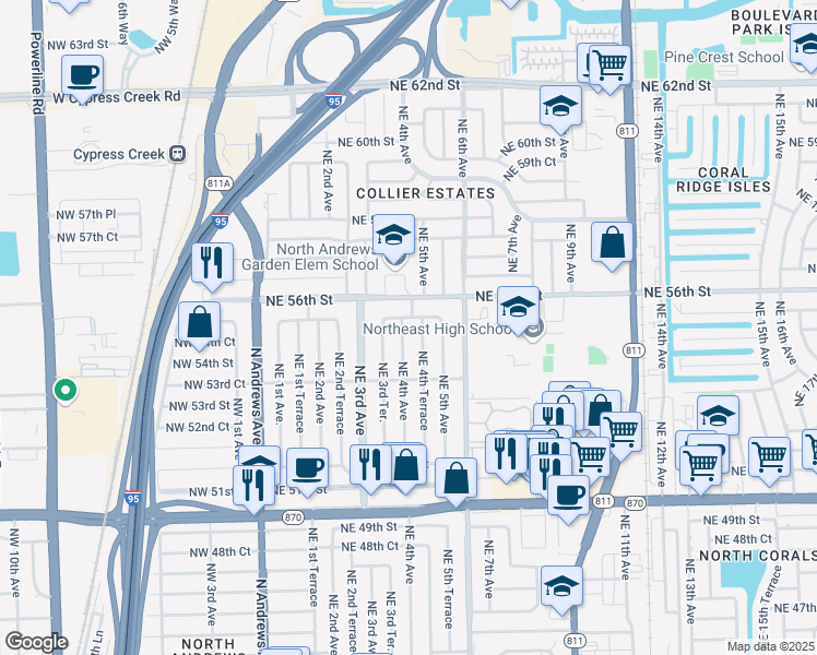 map of restaurants, bars, coffee shops, grocery stores, and more near 5456 Northeast 4th Avenue in Fort Lauderdale
