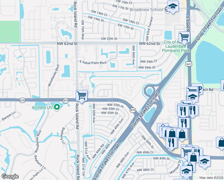 map of restaurants, bars, coffee shops, grocery stores, and more near 5607 Northwest 49th Terrace in Tamarac