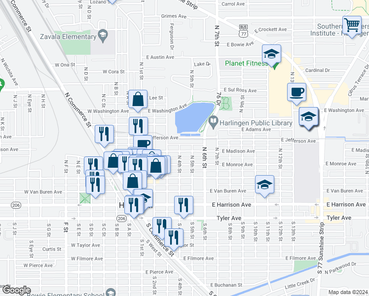 map of restaurants, bars, coffee shops, grocery stores, and more near 248 North 4th Street in Harlingen
