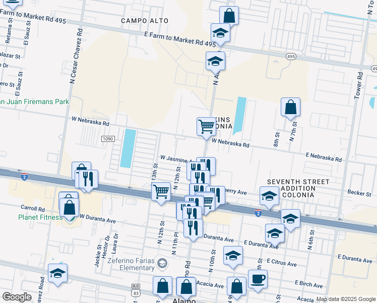 map of restaurants, bars, coffee shops, grocery stores, and more near 733 North Alamo Road in Alamo