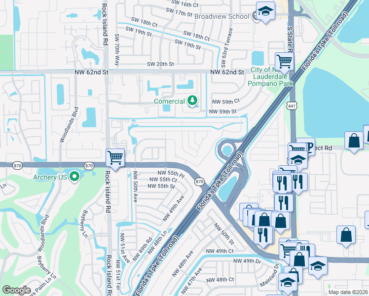 map of restaurants, bars, coffee shops, grocery stores, and more near 5603 Northwest 48th Way in Tamarac