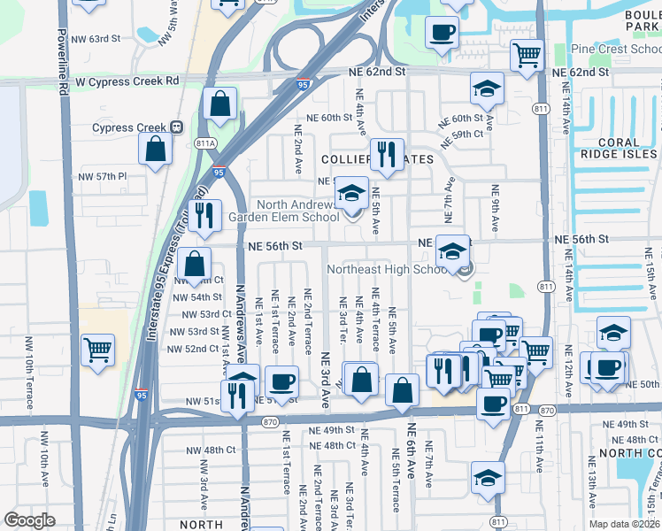 map of restaurants, bars, coffee shops, grocery stores, and more near 5433 Northeast 3rd Avenue in Fort Lauderdale