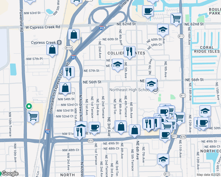 map of restaurants, bars, coffee shops, grocery stores, and more near 5433 Northeast 3rd Avenue in Fort Lauderdale