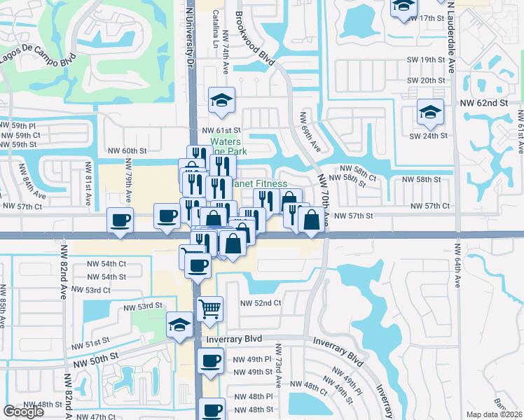 map of restaurants, bars, coffee shops, grocery stores, and more near 7305 West Commercial Boulevard in Tamarac