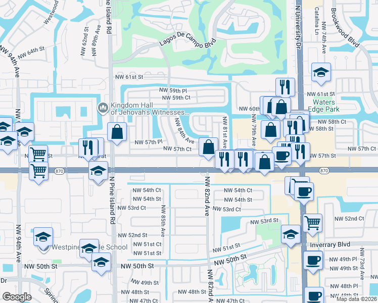 map of restaurants, bars, coffee shops, grocery stores, and more near 8424 Northwest 57th Street in Tamarac