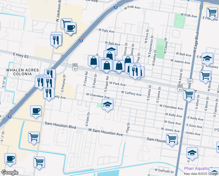 map of restaurants, bars, coffee shops, grocery stores, and more near 915 West Caffery Avenue in Pharr