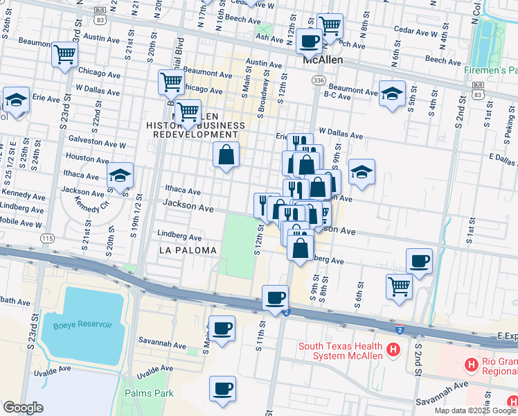 map of restaurants, bars, coffee shops, grocery stores, and more near 1010 South 10th Street in McAllen