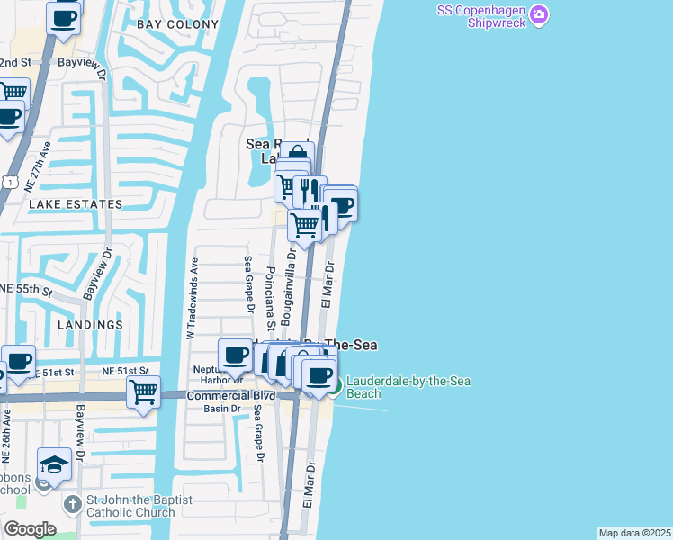 map of restaurants, bars, coffee shops, grocery stores, and more near 4608 El Mar Drive in Lauderdale-by-the-Sea