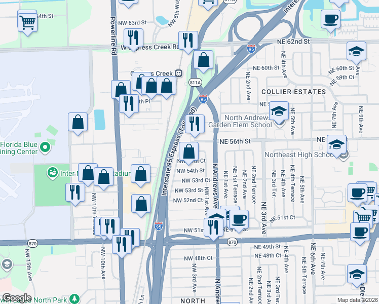 map of restaurants, bars, coffee shops, grocery stores, and more near 300 Northwest 54th Court in Fort Lauderdale