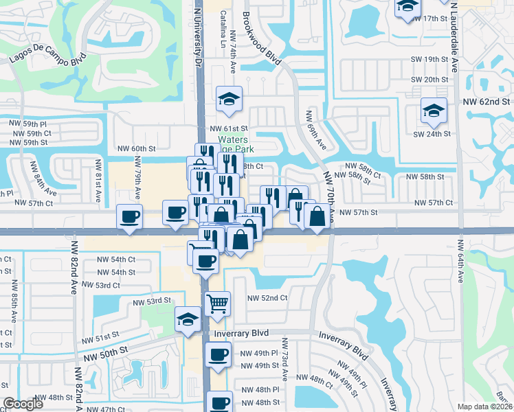 map of restaurants, bars, coffee shops, grocery stores, and more near 7305 West Commercial Boulevard in Tamarac
