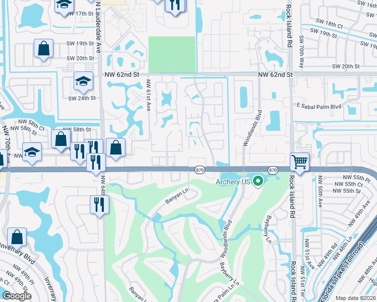 map of restaurants, bars, coffee shops, grocery stores, and more near 5771 Woodland Point Drive in Tamarac