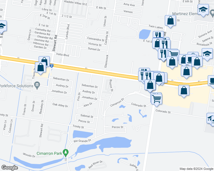 map of restaurants, bars, coffee shops, grocery stores, and more near 706 San Angel Circle in Mission