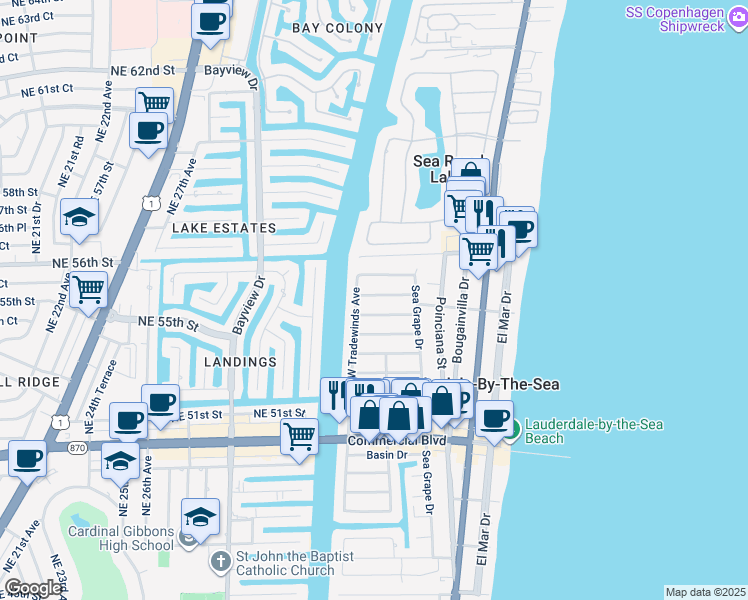 map of restaurants, bars, coffee shops, grocery stores, and more near 258 Avalon Avenue in Lauderdale-by-the-Sea