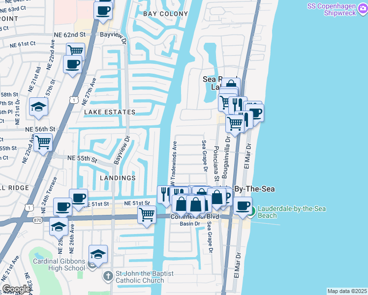 map of restaurants, bars, coffee shops, grocery stores, and more near 258 Avalon Avenue in Lauderdale-by-the-Sea