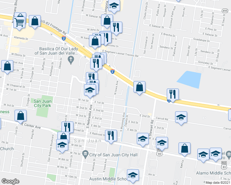 map of restaurants, bars, coffee shops, grocery stores, and more near 499 North Iowa Avenue in San Juan