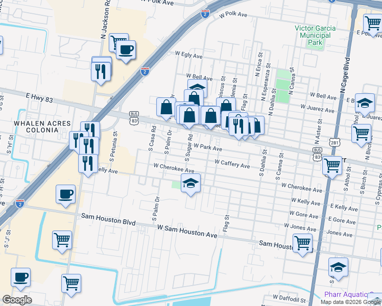 map of restaurants, bars, coffee shops, grocery stores, and more near 207 South Sugar Road in Pharr