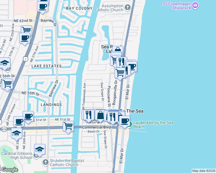 map of restaurants, bars, coffee shops, grocery stores, and more near 4618 Sea Grape Drive in Lauderdale-by-the-Sea