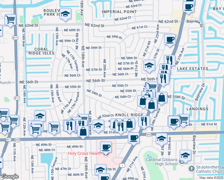map of restaurants, bars, coffee shops, grocery stores, and more near 1971 Northeast 55th Court in Fort Lauderdale