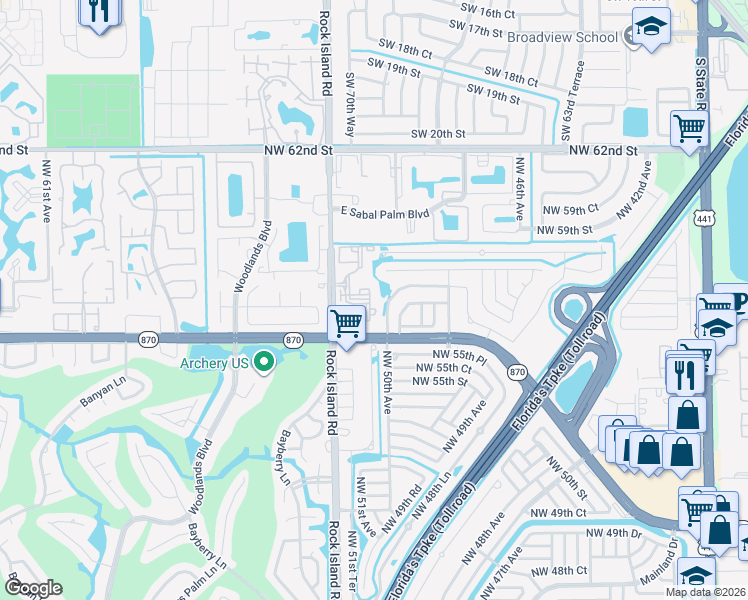 map of restaurants, bars, coffee shops, grocery stores, and more near 5628 Rock Island Road in Tamarac
