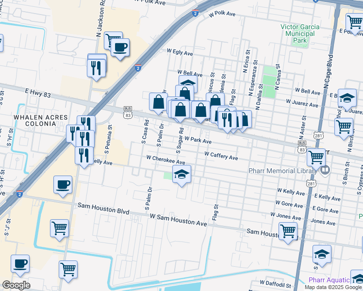 map of restaurants, bars, coffee shops, grocery stores, and more near 925 West Newcombe Avenue in Pharr