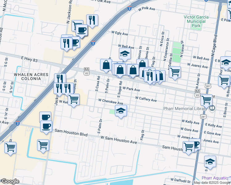 map of restaurants, bars, coffee shops, grocery stores, and more near 925 West Newcombe Avenue in Pharr