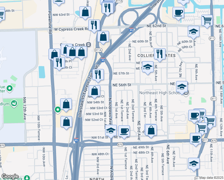 map of restaurants, bars, coffee shops, grocery stores, and more near 5500 North Andrews Avenue in Fort Lauderdale