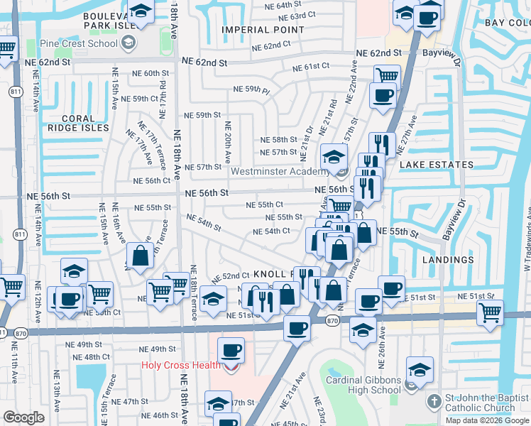 map of restaurants, bars, coffee shops, grocery stores, and more near 2041 Northeast 55th Court in Fort Lauderdale