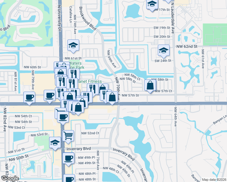 map of restaurants, bars, coffee shops, grocery stores, and more near 7101 Northwest 57th Drive in Tamarac