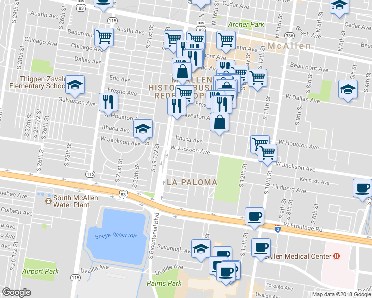 map of restaurants, bars, coffee shops, grocery stores, and more near 1651 West Jackson Avenue in McAllen
