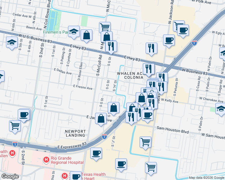 map of restaurants, bars, coffee shops, grocery stores, and more near 900 East Dallas Avenue in McAllen