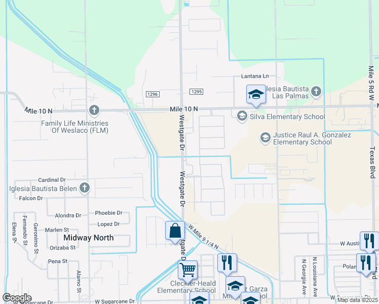 map of restaurants, bars, coffee shops, grocery stores, and more near 3600 North Westgate Drive in Weslaco