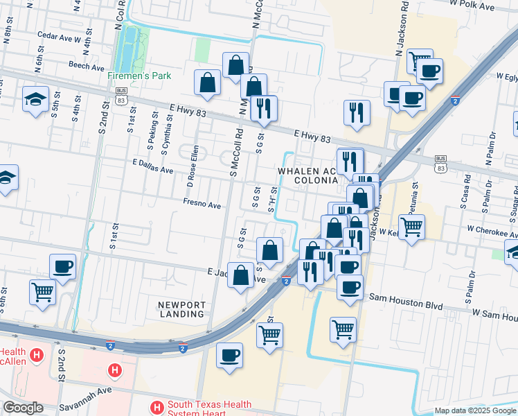 map of restaurants, bars, coffee shops, grocery stores, and more near 26 South G Street in McAllen