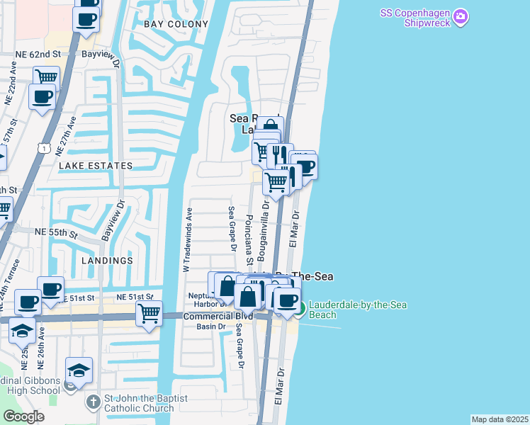 map of restaurants, bars, coffee shops, grocery stores, and more near 4627 Bougainvilla Drive in Lauderdale-by-the-Sea
